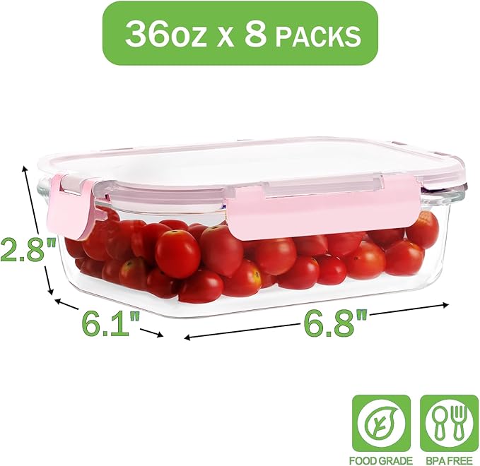 8 Pack 36oz Large Glass Meal Prep Containers with lids, Glass Food Storage Containers with Leak Proof Snap Lock Lids , Airtight Bento lunch Boxes, Kitchen Storage, Oven and Dishwasher Safe-Pink