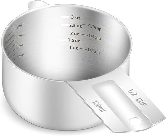 1PCS 1/2Cup (120ml, 4oz) Single Measuring Cup, Etched Inner Scale Stainless Steel Measure Scoop, Metric and US Measurement, Dishwasher Safe