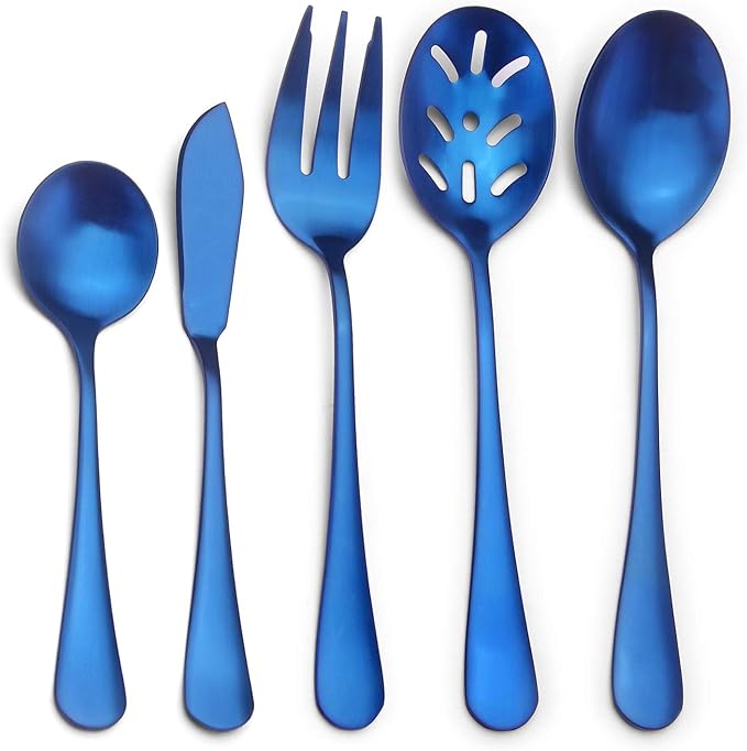 Matte Blue Serving Set, SHARECOOK 5-Piece 18/0 Stainless Steel Large Hostess Set with Round Edge, Satin Finished, Dishwasher Safe -Spoons, Forks,Butter Knife& Slotted Spoon