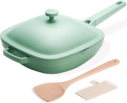 10.5 Inch(3.8QT) Ceramic Pan with Lid,Non Stick Frying Pans Cast Aluminum Deep Sauté Pans,Ti-Ceramic Non Toxic Pix Pan with Wooden Spatula and Scrubber-Mint Haze