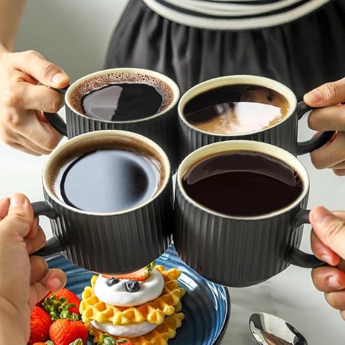 Hasense 15OZ Ceramic Stackable Coffee Mugs Set of 2, Large Porcelain Coffee Cups Set with Ribbed Design and Handle for Cappuccino, Latte, Cereal, Americano, Tea Bag and Beverage, Matte Black