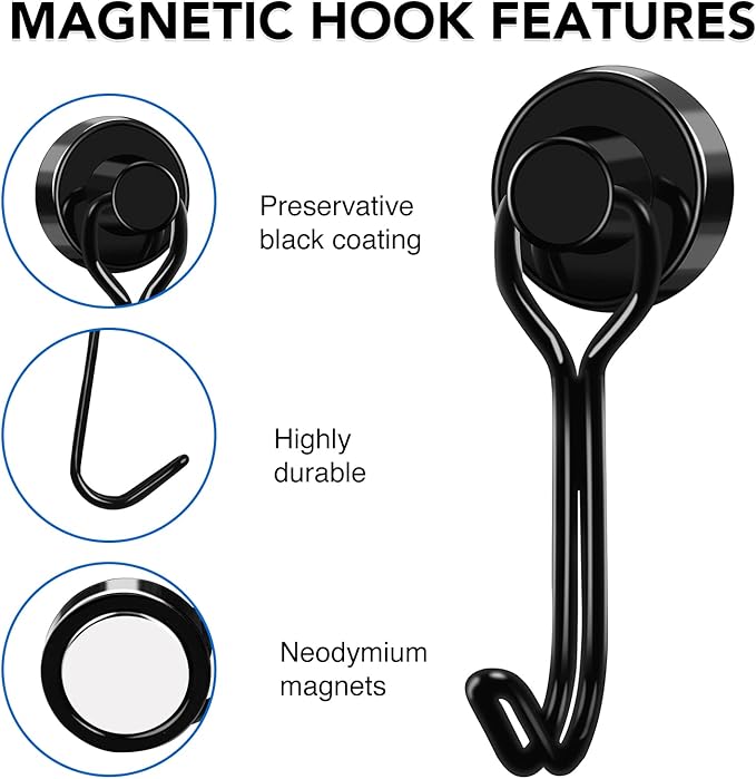 LOVIMAG Hooks, 30lbs+ Magnetic Magnet Hook 2025 Cruise Cabin Ship Essentials Heavy Duty Strong Refrigerator Fridge Hanging for Classroom Beach Vacation Kitchen Grills Home Mug Hanger (20 Pack), Black