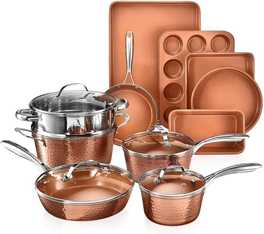 Gotham Steel Hammered 15 Pc Ceramic Cookware Set Nonstick, Deep Copper Pots and Pans Set Non Stick with Bakeware & Deep Fry Pan, Non Toxic PFOA PFOS Free, Induction Oven and Dishwasher Safe