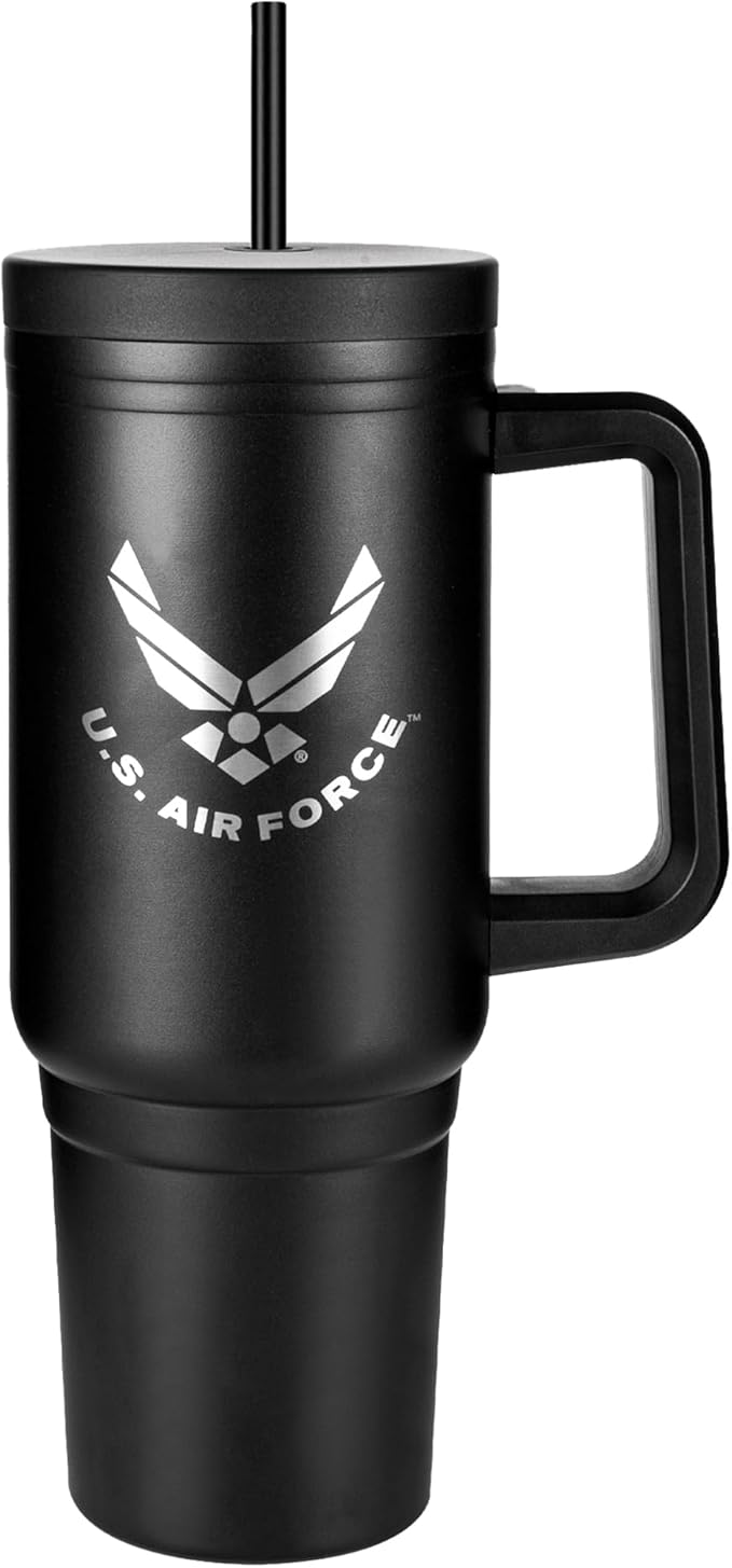 40oz USAF Tumbler with Handle, Leakproof Lid & Straw-Laser-Engraved Air Force Logo - Gifts for Airmen - USAF 40oz Tumbler