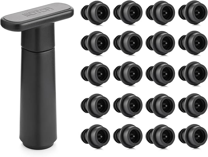 Wine Saver Vacuum Pump with 20 Stoppers, Wine Stopper & Preserver, Reusable Bottle Sealer Keeps Fresh, Ideal Accessories Gift (Flat Handle)