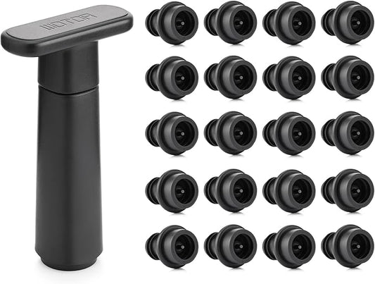 Wine Saver Vacuum Pump with 20 Stoppers, Wine Stopper & Preserver, Reusable Bottle Sealer Keeps Fresh, Ideal Accessories Gift (Flat Handle)