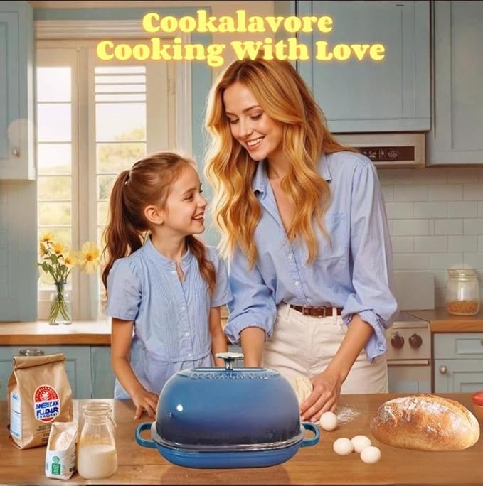 Cast Iron Bread Oven,6 QT Bread Oven,Thick Enameled Loaf Pan with Lid,Bread Pans for Homemade Bread,14.5"Dutch Oven for Bread Baking,Dutch Oven-with Silicone Baking Mat&Recipe,Gifts for Family,Blue