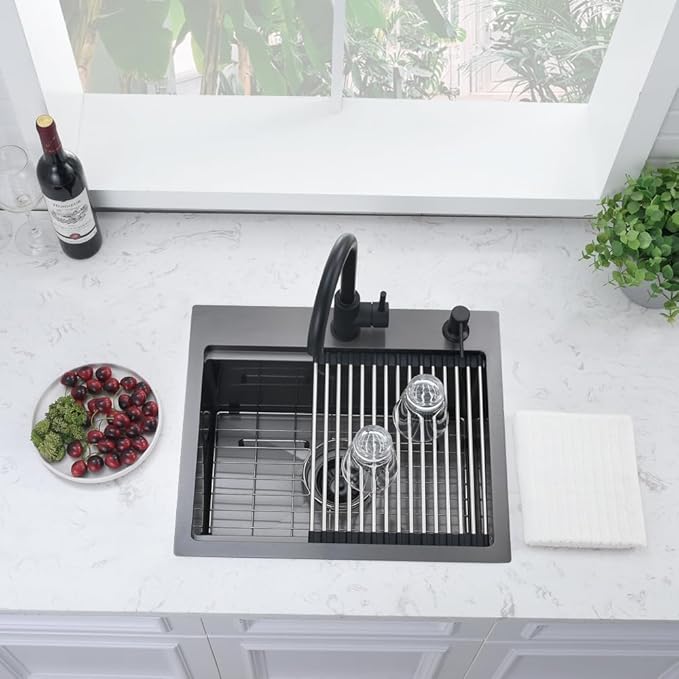 20 x 17 Inch Black Drop in Kitchen Bar Sink Workstation 16 Gauge Stainless Steel Small RV Kitchen Sink Outdoor Top Mount Single Bowl