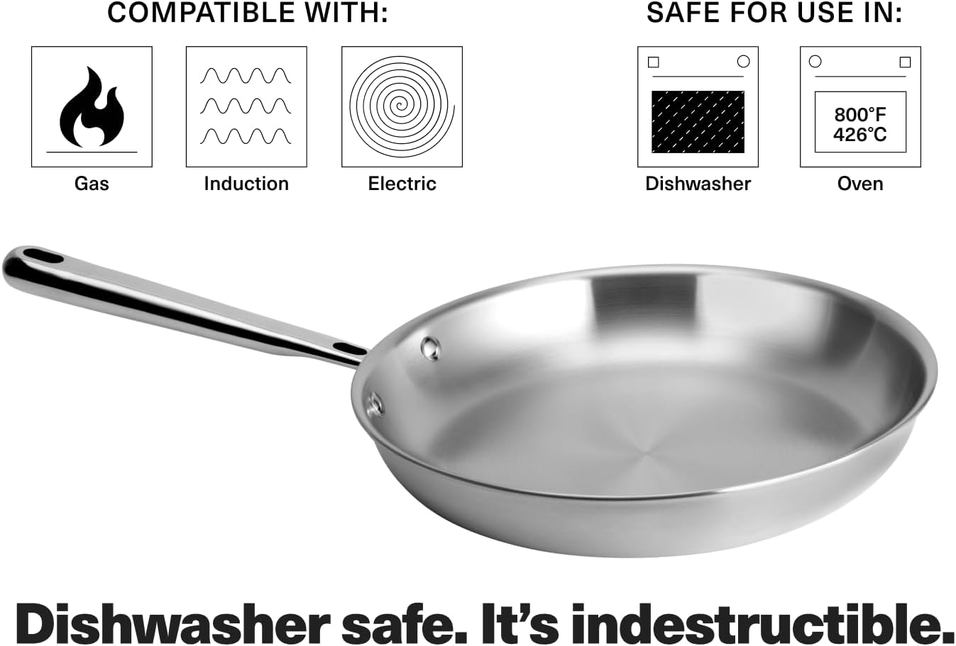 Misen 5-Ply Stainless Steel 12" Frying Pan - Professional Cookware for Induction, Gas and Electric - Dishwasher Safe, Oven Safe to 800°F - Durable, Versatile, Even Heating