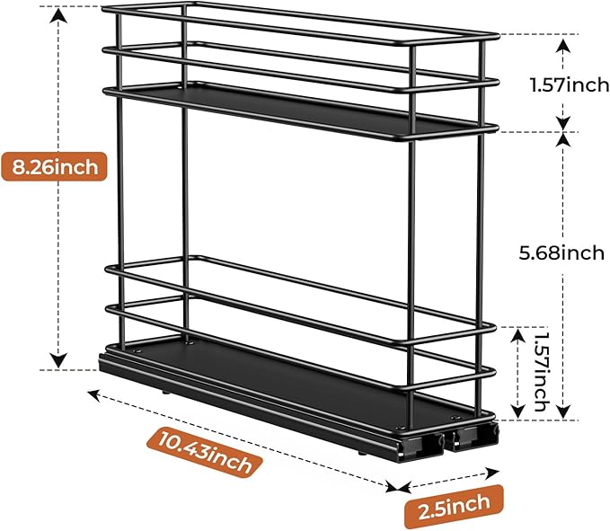 Pull Out Spice Rack Organizer for Cabinet, Slide Out Spice Racks, Easy to Install Spice Cabinet Organizer, 2.1''Wx10.35''Dx8.26''H, 1 Drawers 2 Tiers（Black）