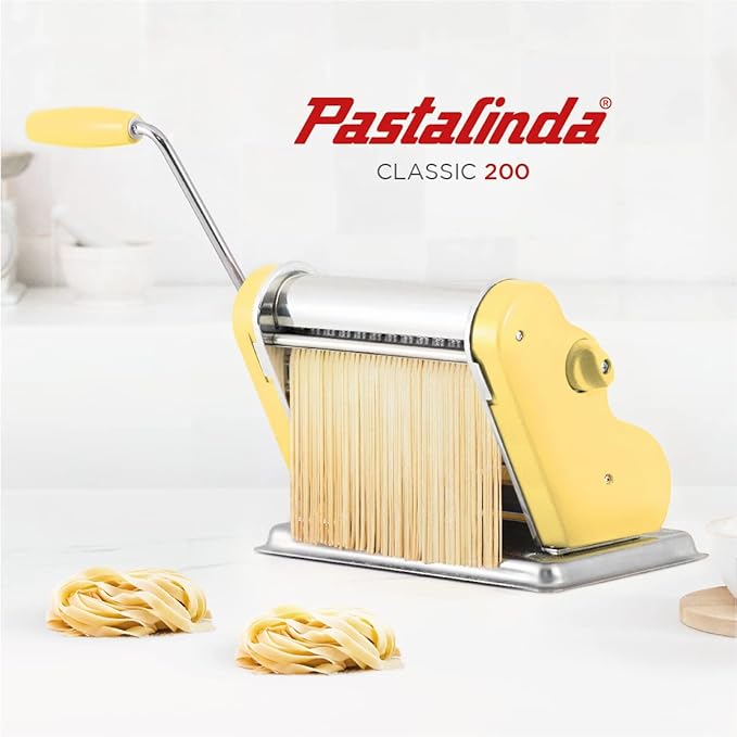 PASTALINDA Classic 200 Pasta Maker Machine, 20 cm Wide Rollers, 9 Thickness Positions, 2 Cutting Positions, Stainless Steel. Includes Reinforced Hand Crank And Two Clamps