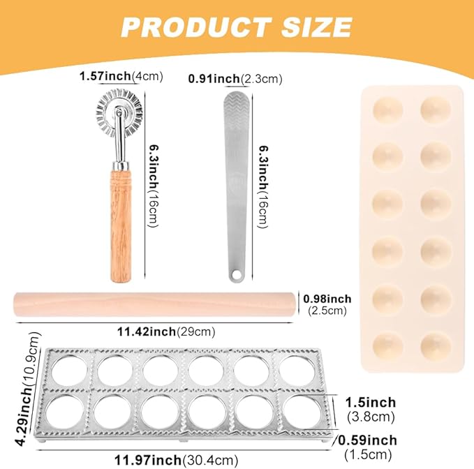 Ravioli Mold Set Include Ravioli Stamp Roller Wheel Wood Rolling Pin Pasta Making Tools Kit Pelmeni Mold Pierogi Press Maker Press Cutter, for home and restaurant