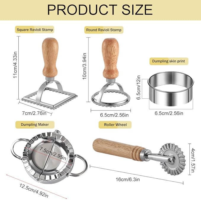 Ravioli Pasta Cutter Wheel Set of 5, Ravioli Makers with Roller Ravioli Stamp Cutter Set with Wooden Handle, Pasta Press Wheel Pasta Maker Tools For Pasta Making Dumplings, Pierogi (Silver)