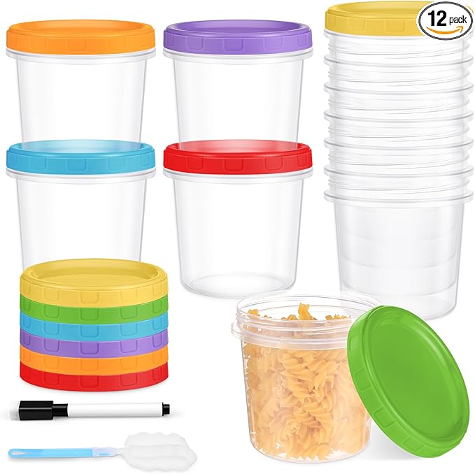 16 oz Plastic Deli Containers with Lids, 12 Pack Stackable Small Freezer Container, Reusable 2 Cup Food Storage Containers with Pen and Brush, Microwave & Dishwasher Safe, BPA Free