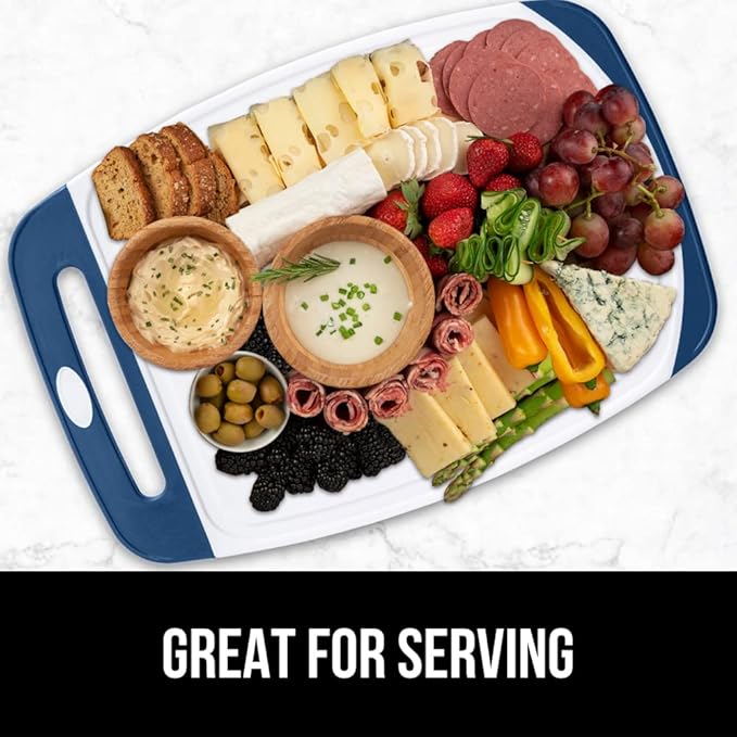 GORILLA GRIP BPA-Free Reversible Kitchen Cutting Board Set of 3, US Designed, Nonporous, Juice Grooves Catch Liquid, Slip Resistant Border, Dishwasher Safe, Durable Large Food Chopping Boards, Blue