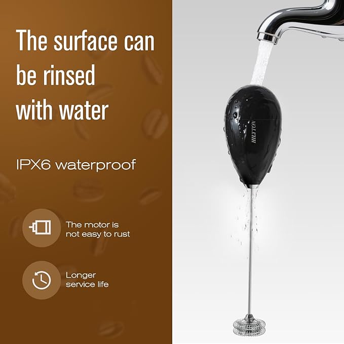 Hiltton Rechargeable Milk Frother with Stand & Travel Pouch – Portable Electric Handheld Frother, Stainless Steel Waterproof Detachable Whisk, Drink Mixer for Lattes, Cappuccinos & More