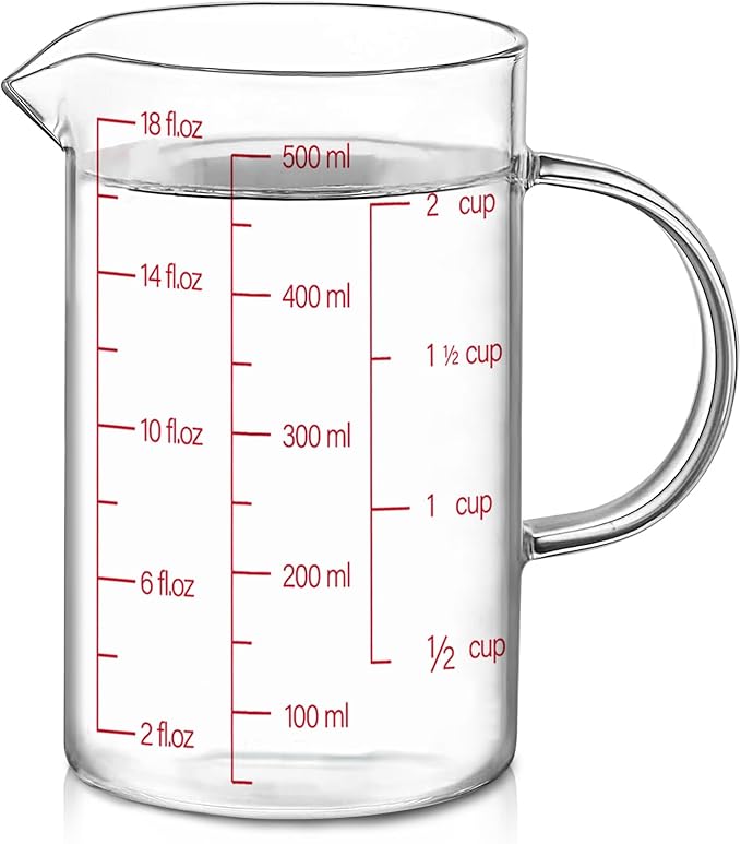 Luvan 18OZ/500ML Glass Measuring Cup, 2 Cup Glass Measuring Cups With 3 Scales (Ml/Oz/Cup), High Borosilicate Measuring Cup With Handle and V-Shaped Spout, Dishwasher/Freezer/Microwave Safe