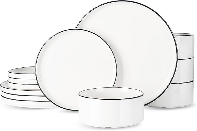 Famiware Porcelain Dinnerware Set, 12-Piece Modern Plate and Bowl Set, Dish Set for 4, Microwave and Dishwasher Safe Tableware, White with Black Trim