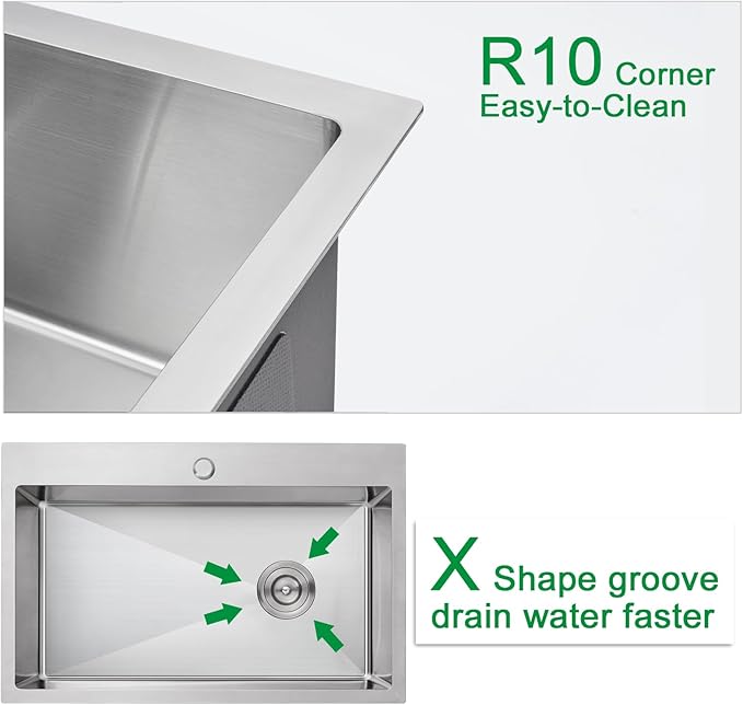 28x18x9 Inch Kitchen Sink Drop in, Handmade 304 Stainless Steel Single Bowl, Centre-Offset Drain, R10 Tight Corner, Topmount Kitchen Sink with Strainer & Bottom Grid