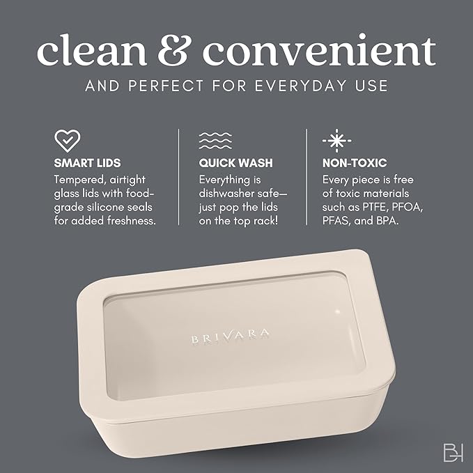 Ceramic Coated Glass Food Storage Container | No PTFE, PFOA, PFAS, and BPA | Reusable Non Toxic Meal Prep Container with Glass Lid | Easy To Store | 11 Cup Rectangle [Crema]