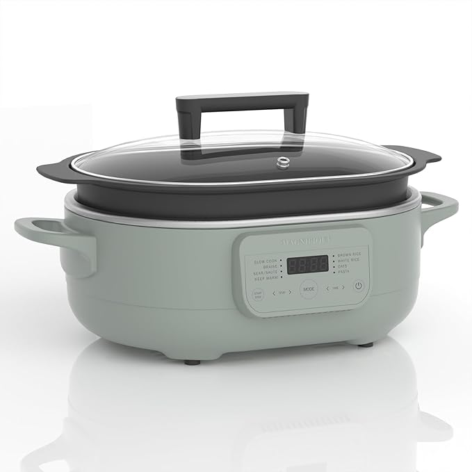 MAGNIFIQUE 6 Quart Multi-Cooker, with 8-in-1 Casserole Programmable Slow Cooker, Dutch Oven, Pasta, Nonstick, Oven Safe Pot to 500°F Olive