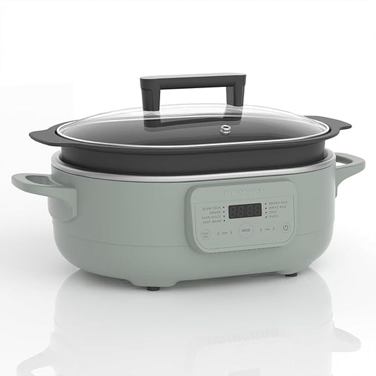 MAGNIFIQUE 6 Quart Multi-Cooker, with 8-in-1 Casserole Programmable Slow Cooker, Dutch Oven, Pasta, Nonstick, Oven Safe Pot to 500°F Olive