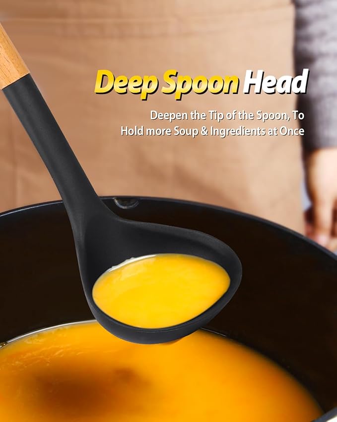Silicone Pasta Fork and Ladle Spoon Set with Wooden Handle, Heat Resistant Non Stick Kitchen Utensils for Cooking, Stirring, Serving Spaghetti, Soup, Sauce(BLACK)