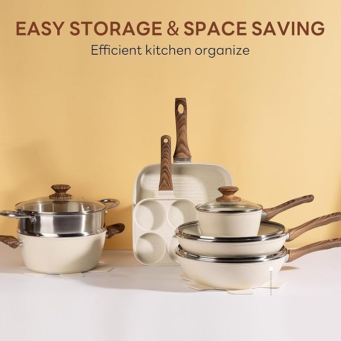 Sweetcrispy 17 Pcs Nonstick Pots and Pans, Non-toxic Kitchen Cooking Set with Stay-Cool Handles, Cream White