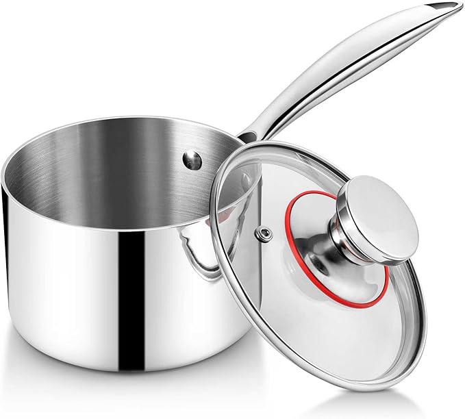 Homikit 1 Quart Saucepan, Tri-Ply Stainless Steel Sauce Pan with Lid, 1QT Small Induction Cooking Pot with Ergonomic Handle, Small Pan for Making Sauce, Warming Milk, Boiling Eggs, Dishwasher Safe
