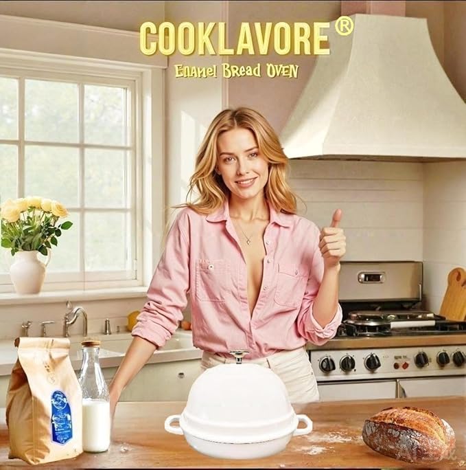 Dutch Oven for Bread Baking,6 Quart Enamel Bread Oven for Sourdough,10.5"Bread Oven with Lid,Bread Pans for Homemade Bread,White Thick Enamel Bread Pan-with Silicone Baking Mat&Recipe,Gifts for Family