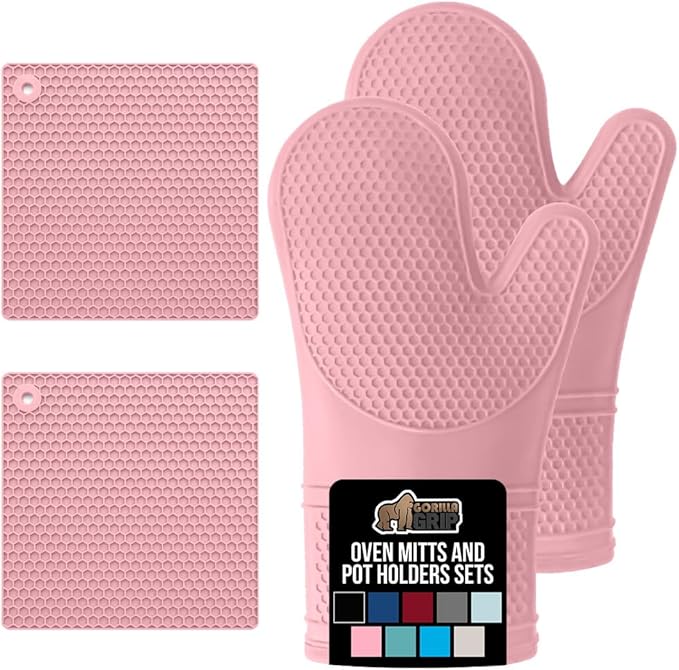 GORILLA GRIP BPA-Free Soft Silicone Oven Mitts and Pot Holders Sets of 4, Heat Resistant Waterproof Cooking Gloves, Thick Cotton Lining, Flexible Gripping for Baking Grilling, Kitchen Trivets, Pink