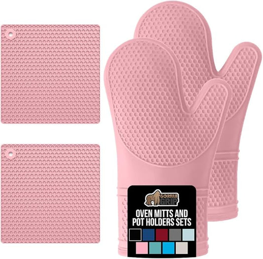 GORILLA GRIP BPA-Free Soft Silicone Oven Mitts and Pot Holders Sets of 4, Heat Resistant Waterproof Cooking Gloves, Thick Cotton Lining, Flexible Gripping for Baking Grilling, Kitchen Trivets, Pink