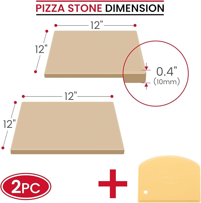 Unicook 2 PCS Pizza Stones Set, 12 Inch Square Pizza Stone for Oven and Grill, Cordierite Baking Pan for Crispy Crusts, Thermal Shock Resistant, Including Dough Scraper
