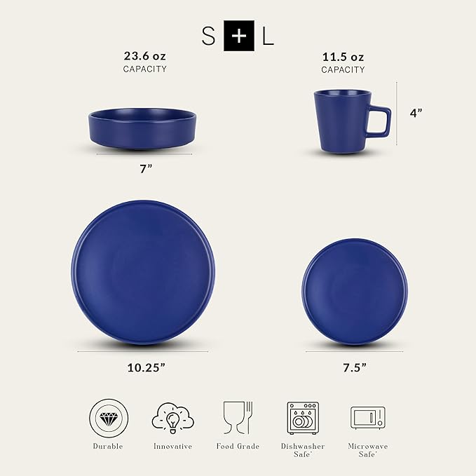 Stone Lain Cleo Modern Stoneware 16-Piece Dinnerware Set, Plates and Bowls Set, Dish Set Service For 4, Blue