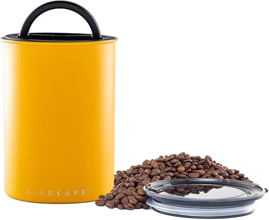 Planetary Design Airscape Stainless Steel Coffee Canister | Food Storage Container | US Patented Airtight Lid | Push Out Excess Air Preserve Food Freshness (Medium, Matte Yellow)