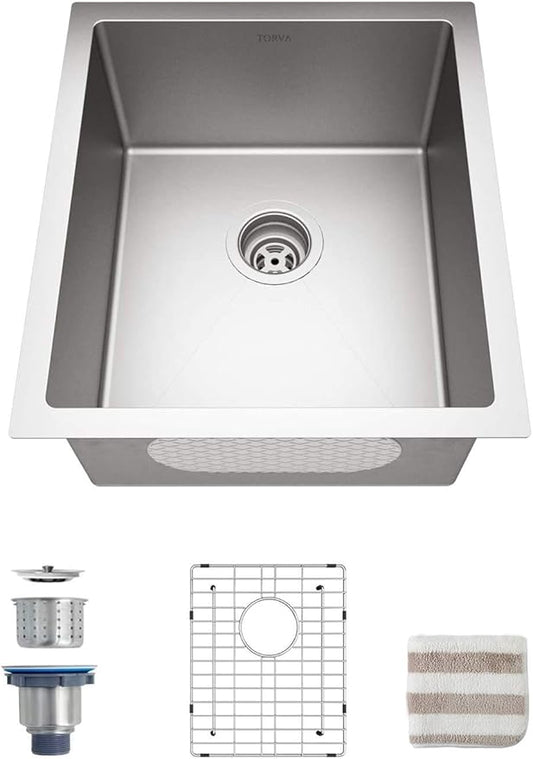 TORVA 17 x 19 Inch Undermount Kitchen Sink, Premium 304 Stainless Steel Bar Sink - 9 Inches Deep Basin Single Bowl Sink