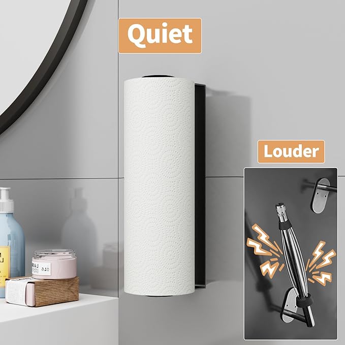 Paper Towel Holder Under Cabinet, Stainless Steel, Wall Mount, Black Adhesive Paper Roll Holder for Kitchen and Bathroom