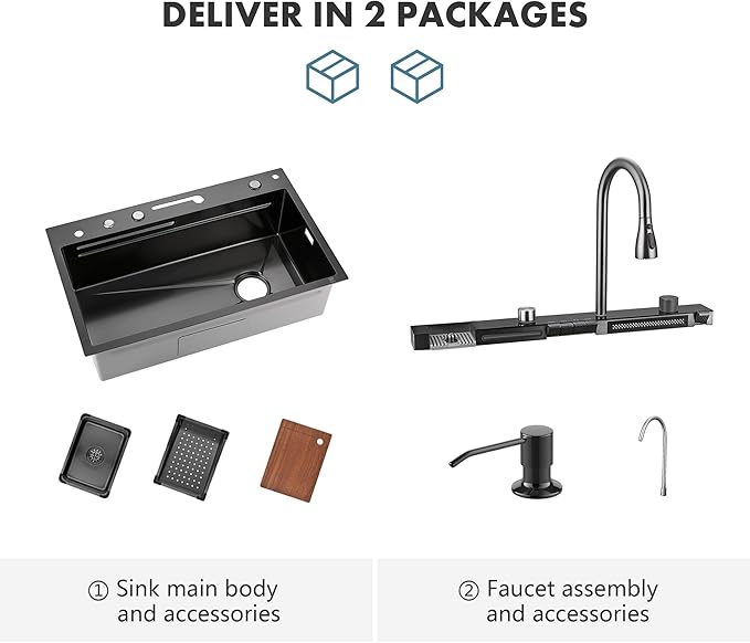 Lefton 29.5"x 18.25" 304 Stainless Steel Kitchen Workstation Sink with Pull-down Faucet, Waterfall & Rainfall Outlet, Temperature Display in Tempered Glass, Grey, KS2206