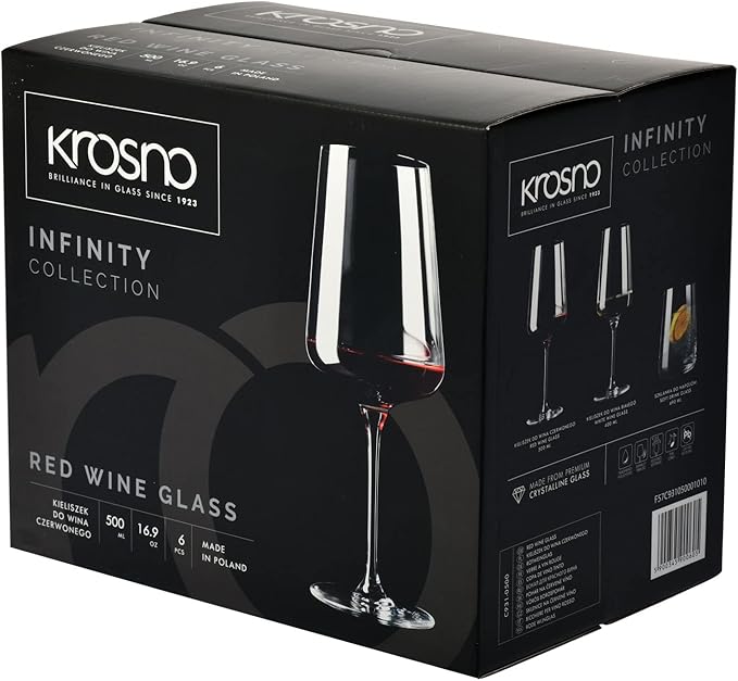 Krosno Red Wine Glasses, Set of 6, 16.91 oz, Infinity Collection, Ideal for Cabernet, Merlot, Classic Elegant Shape, Premium Glass, Lead-Free, Dishwasher Safe, Made in Europe