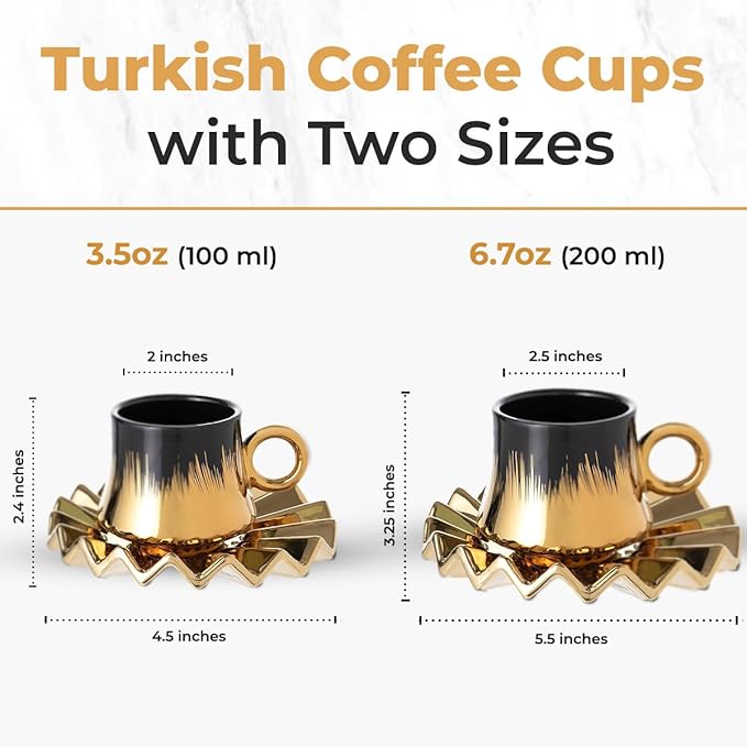 Turkish Coffee Cup Set of 6 with Saucers & Tray - Luxury Arabic Greek Japanese Marble Ceramic Tea Cups for Espresso Cappuccino Latte Mocha, Ideal Gift - 6.7oz, Black Gold
