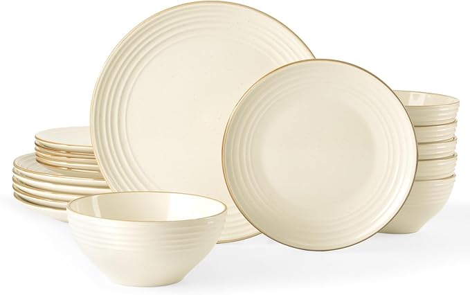Famiware Jupiter Dinnerware Set, Plates and Bowls Dish Sets for 6 (18 Pieces), Microwave and Dishwasher Safe Stoneware Speckled Tableware, Chip and Scratch Resistant, Vanilla White
