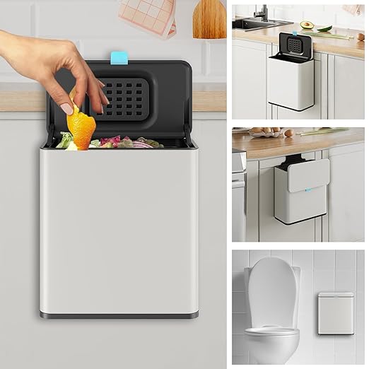 Stainless Steel Hanging Trash Can with Lid and Inner Bucket, 2 Gallon Kitchen Compost Bin for Counter Top, Under Sink or Wall Mount, Small Garbage Can for Cupboard/Bathroom/Bedroom/RV, White