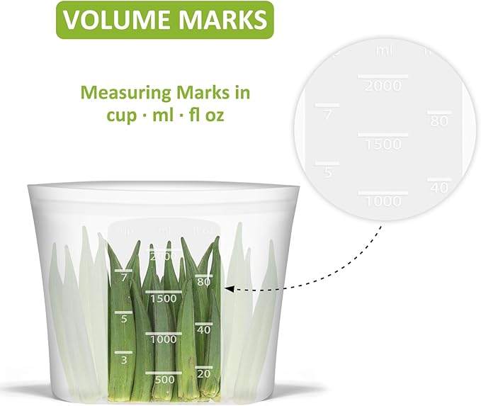 Reusable Food Storage Bags Half-Gallon, 4 Pack 100% Silicone Food Storage Bags Stand-Up Wide-Mouth Zip-Lock for Large Items, 67 fl.oz/2000 ml, Freezer Microwave Oven Dishwasher Safe, Translucent