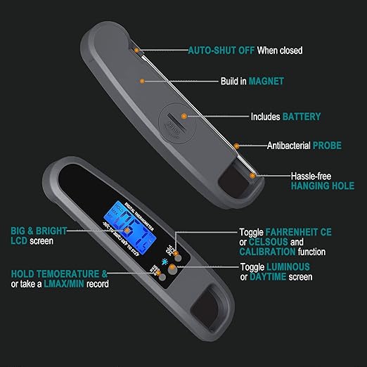 Instant Read Meat Thermometer for Kitchen Cooking, Ultra Fast Precise Waterproof Digital Food Thermometer with Backlight, Magnet and Foldable Probe for Deep Fry, Outdoor BBQ, Grill(Grey)