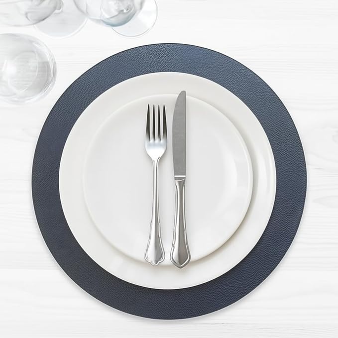 Morgan Faux Leather Set of 12 Placemats, 15" Round, Navy, Heat Resistant, Stain Resistant, Non-Slip, Reversible, Durable Table Mats for Kitchen, Dining Table, Indoor Washable Use