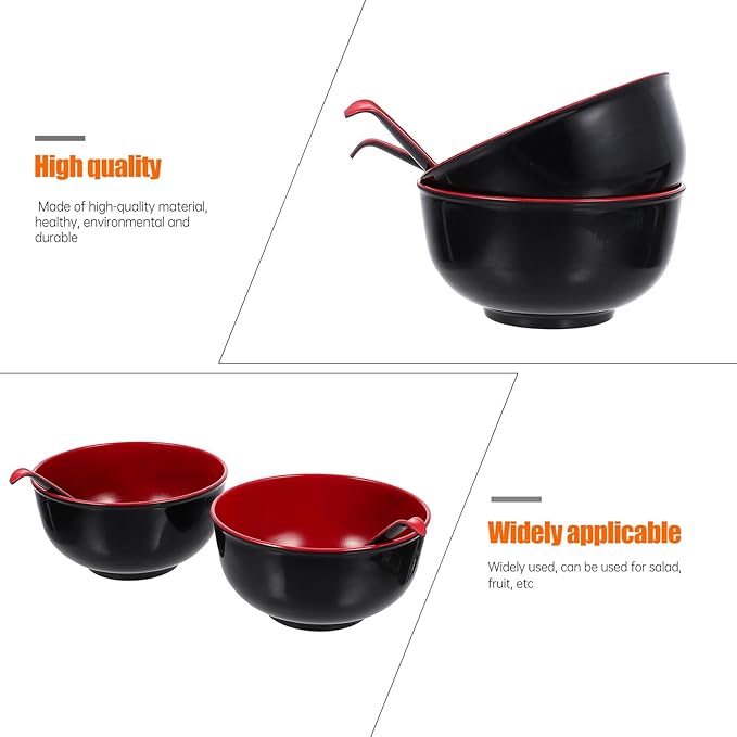 Practical Melamine Ramen Bowls with Spoons Black Red Soup and Rice Bowls Non-absorbent Asian Noodle Dinnerware for Hot Food Easy to Clean Kitchen Container Kit