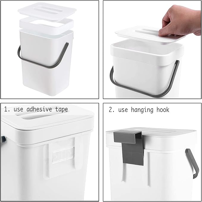 LALASTAR Compost Bin Indoor Kitchen Sealed, Hanging Small Trash Can with Lid Under Sink for Kitchen, Food Waste Bin for Countertop, Mountable Garbage Can for Bathroom, RV, 5L/1.3 Gal, White