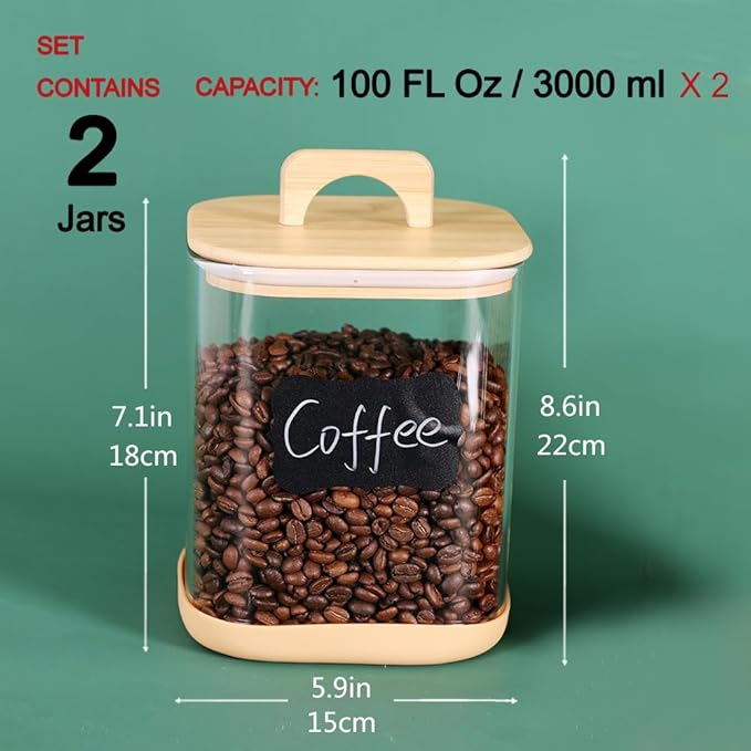 Large Glass Flour and Sugar Containers, Set of 2-100 oz Glass Laundry Pods Containers with Airtight Handle Lids, Square Glass Jars with Bamboo Lids for Laundry Room Organization (Small)