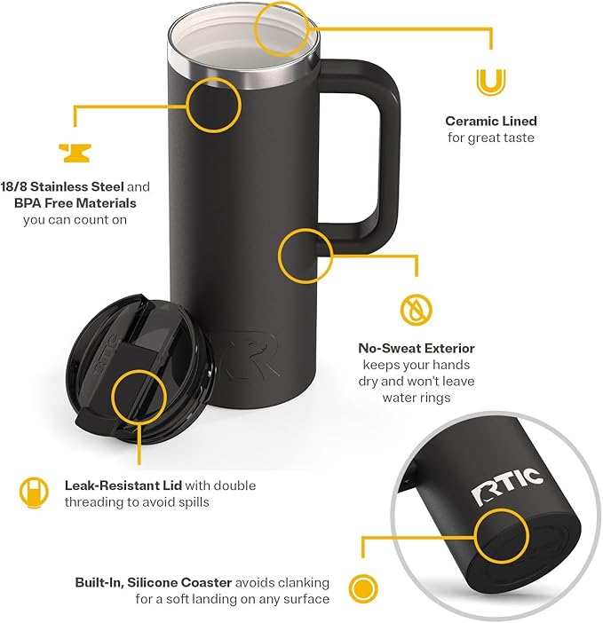 RTIC 20oz Road Trip Travel Mug with Lid and Handle, Ceramic Lined, Insulated, Stainless Steel, Metal, Double Wall Vacuum-Insulation, Portable Coffee, Tea Cup for Hot and Cold Drink, Black