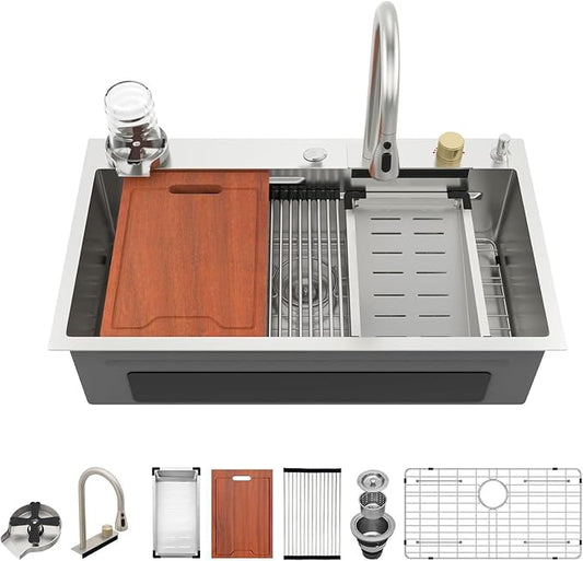 Lordear 33 Watefall Drop In Kitchen Sink 33x19x9 Inch Topmount Sink Stainless Steel 16 Gauge Single Bowl Multifunctional Workstation Sinks with Built-in Accessories,Glass Rinser and Faucet Included